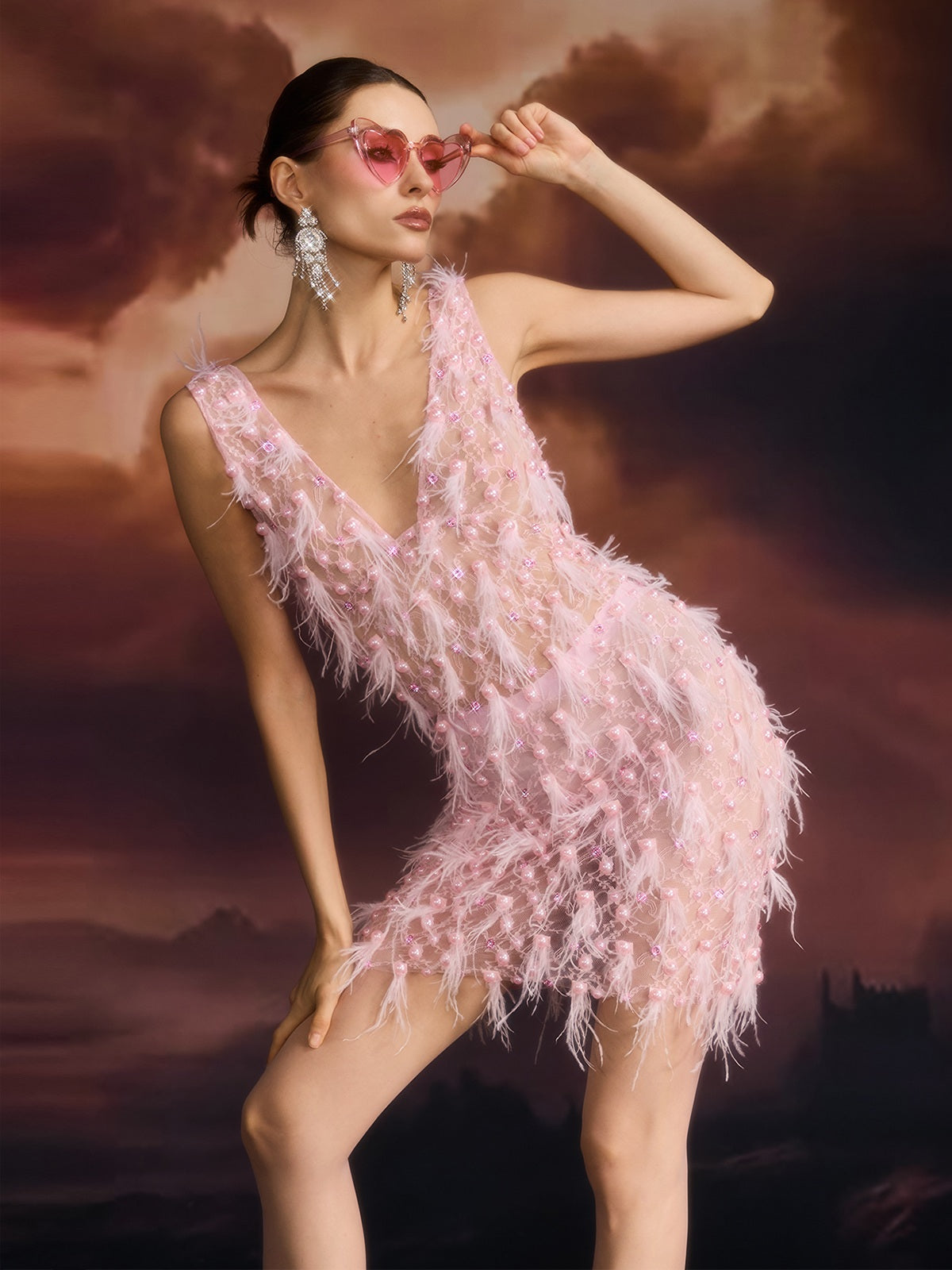 Eliava V Neck Pearl Fringe Mini Dress