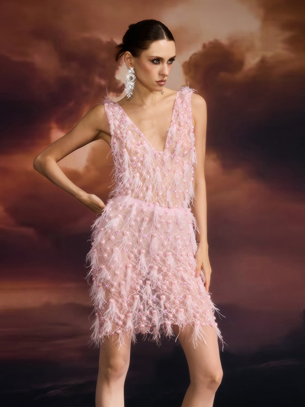 Eliava V Neck Pearl Fringe Mini Dress