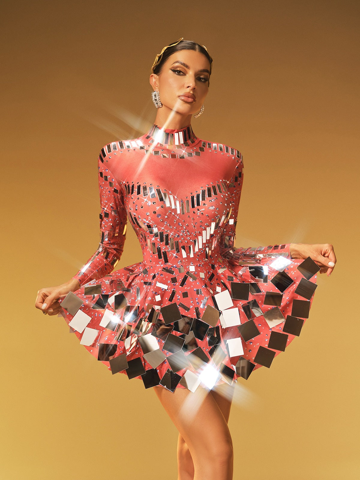 Ella Long Sleeve Embellished Mini Dress In Red