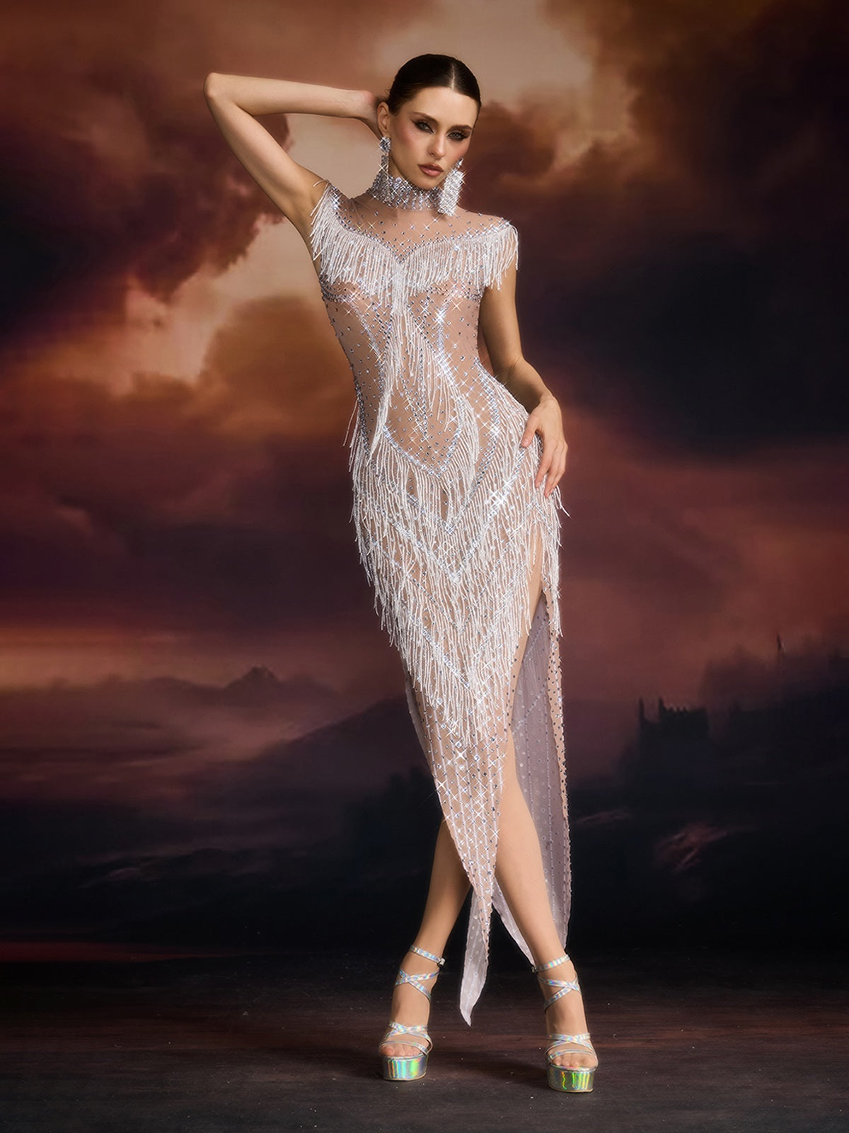 Ellaruth Fringe Rhinestone Split Dress