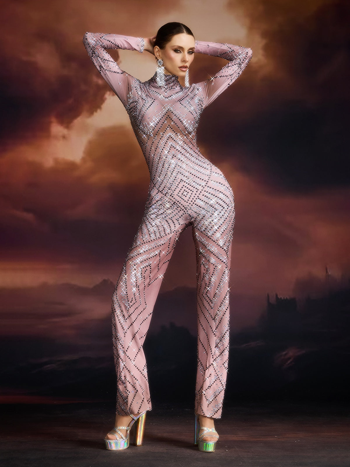 Ellavere Long Sleeve Rhinestone Jumpsuit
