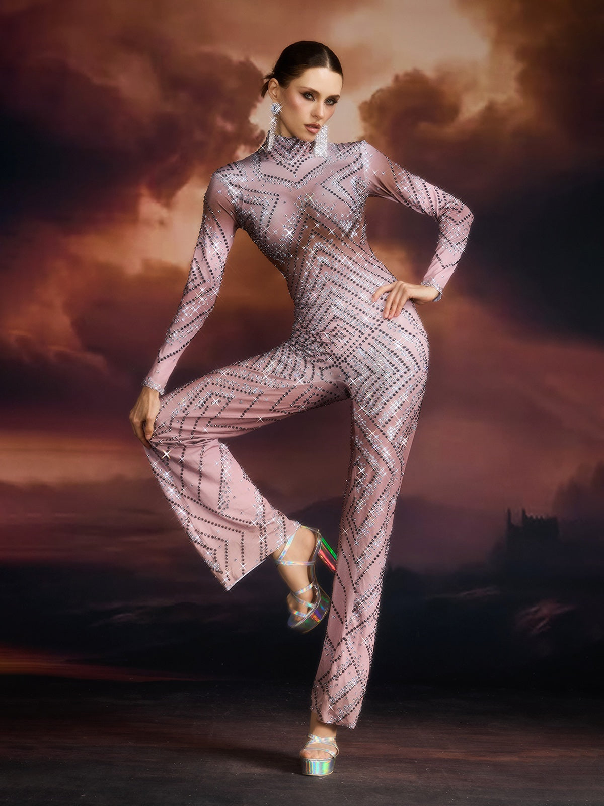Ellavere Long Sleeve Rhinestone Jumpsuit