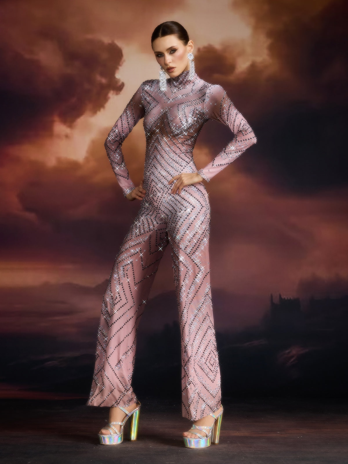 Ellavere Long Sleeve Rhinestone Jumpsuit