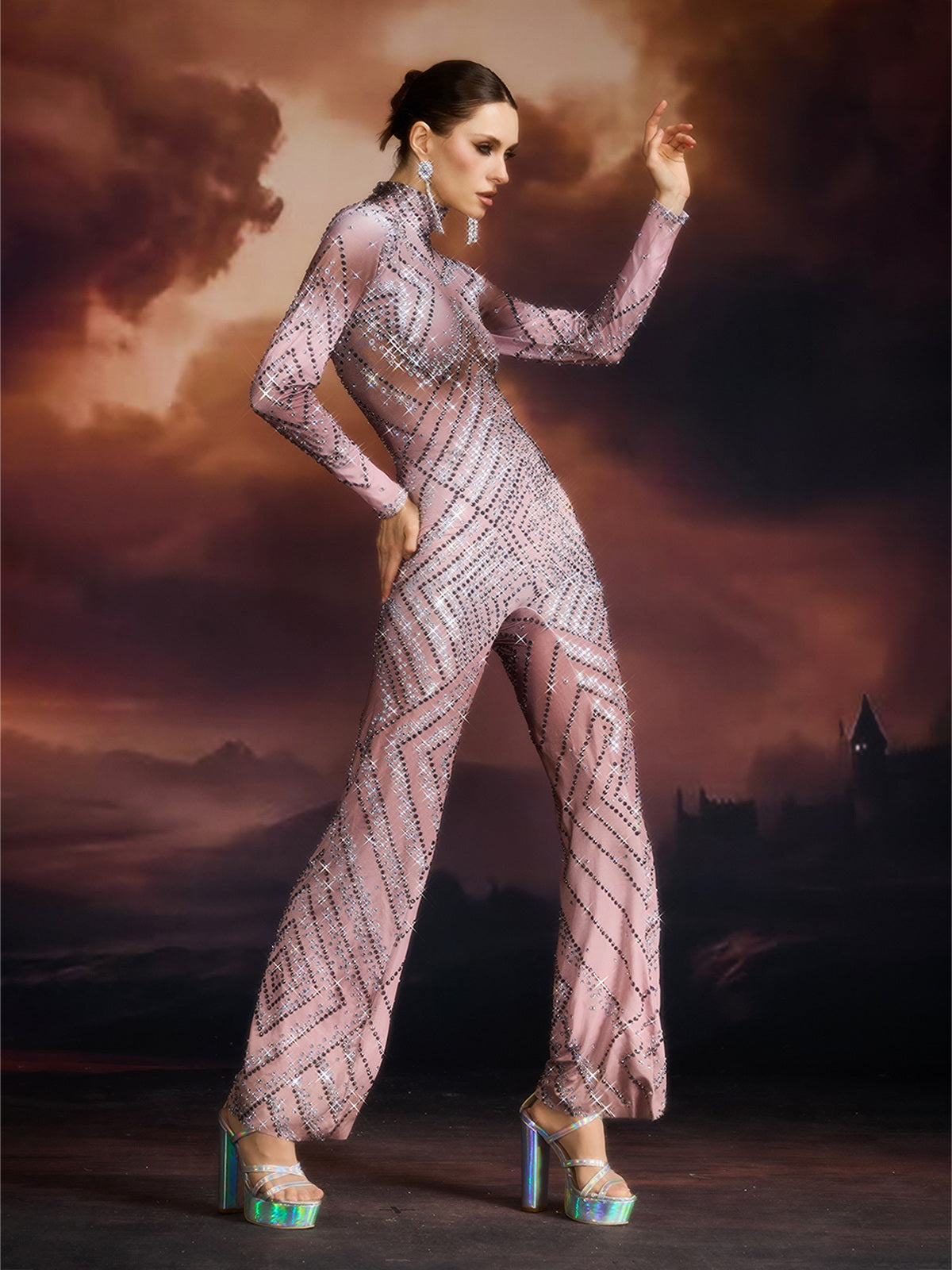 Ellavere Long Sleeve Rhinestone Jumpsuit