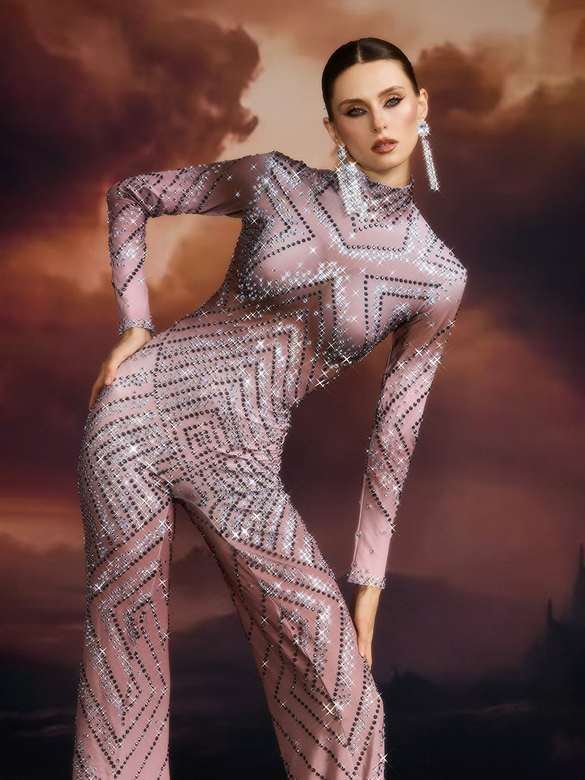 Ellavere Long Sleeve Rhinestone Jumpsuit