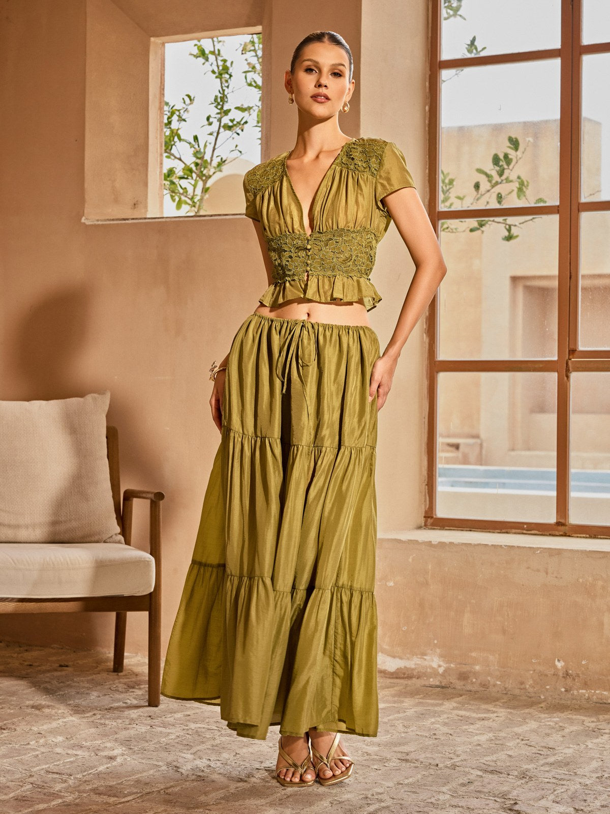 Elnyxa Plunge Neck Skirt Set