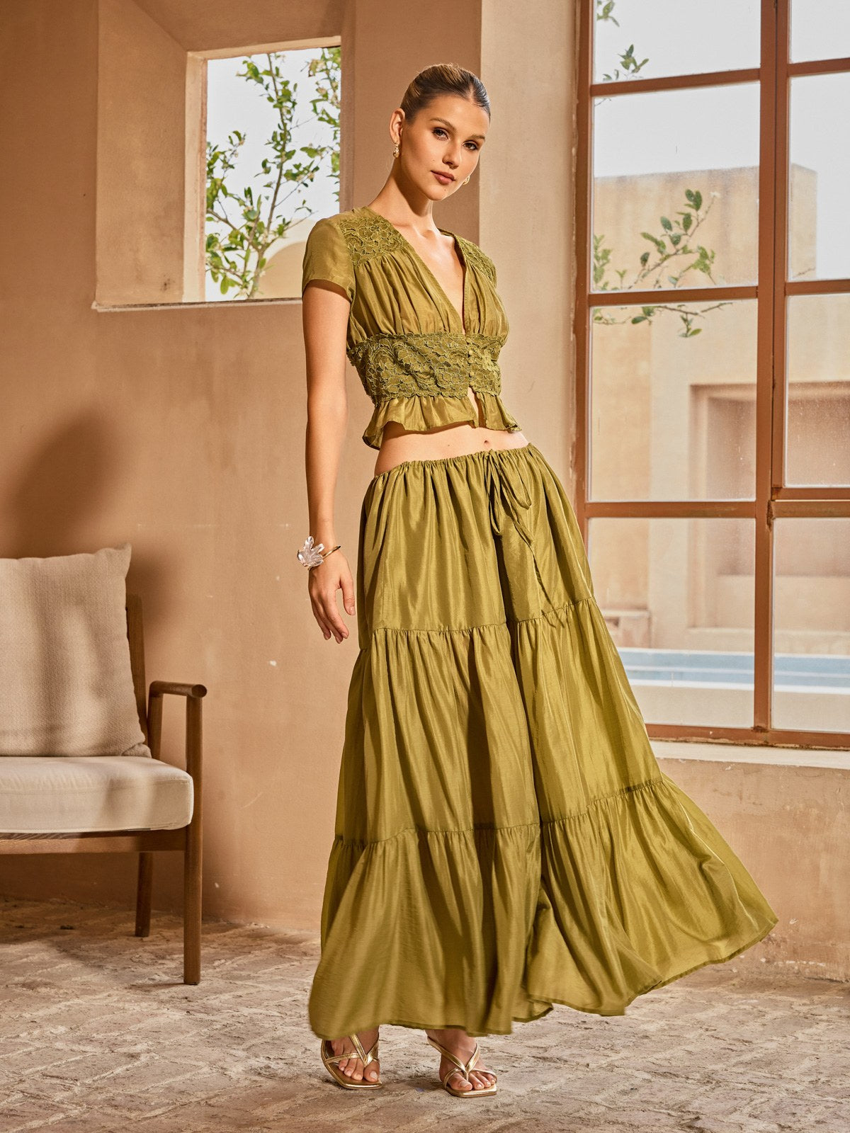 Elnyxa Plunge Neck Skirt Set