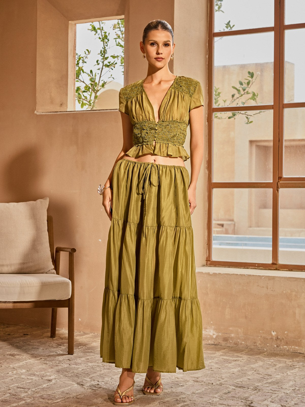 Elnyxa Plunge Neck Skirt Set