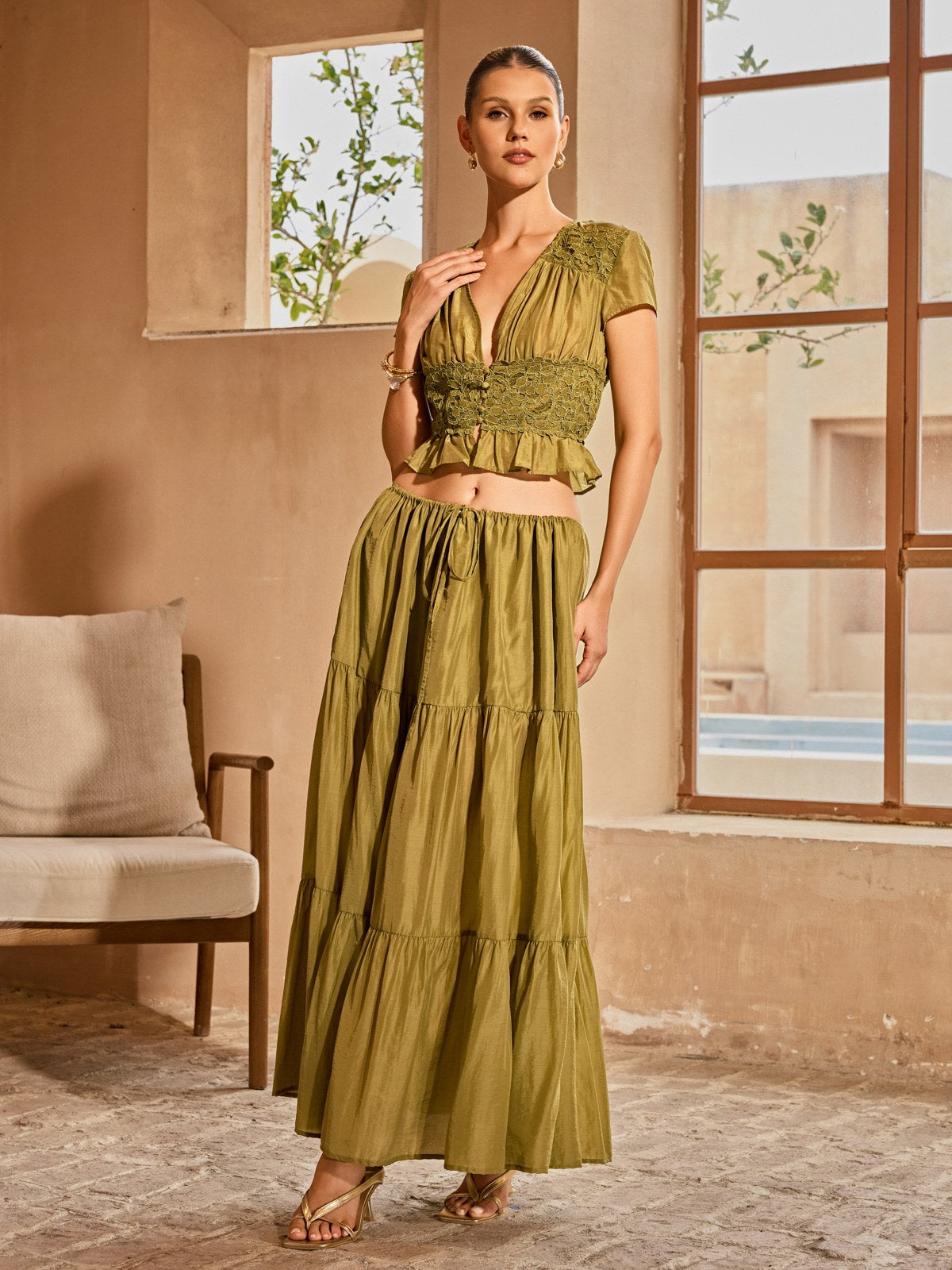 Elnyxa Plunge Neck Skirt Set