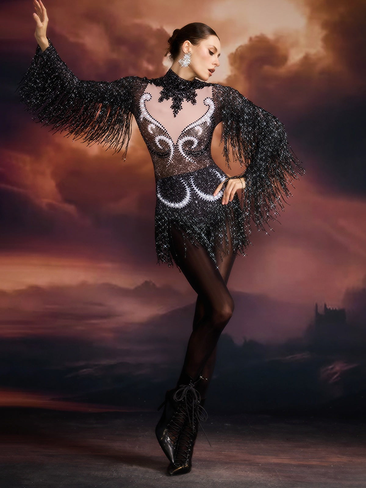 Elpida Fringe Rhinestone Bodysuit