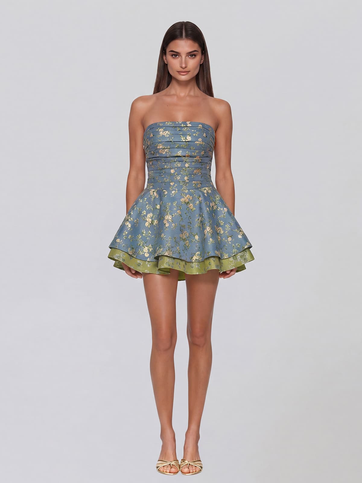 Eluvyra Strapless Floral Lace Up Mini Dress