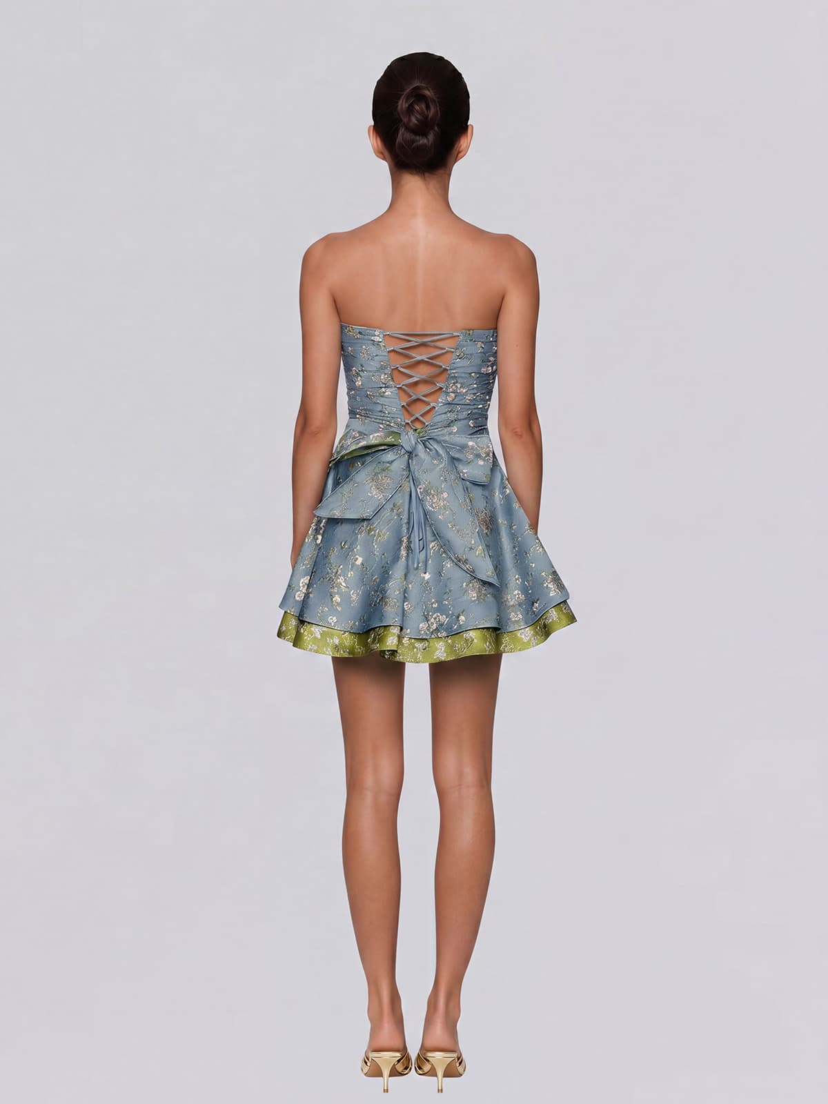 Eluvyra Strapless Floral Lace Up Mini Dress