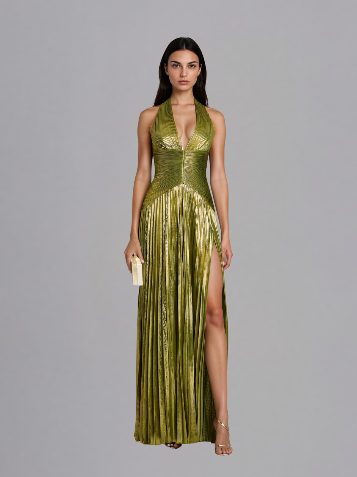 Elvian Halterneck Pleated Split Maxi Dress