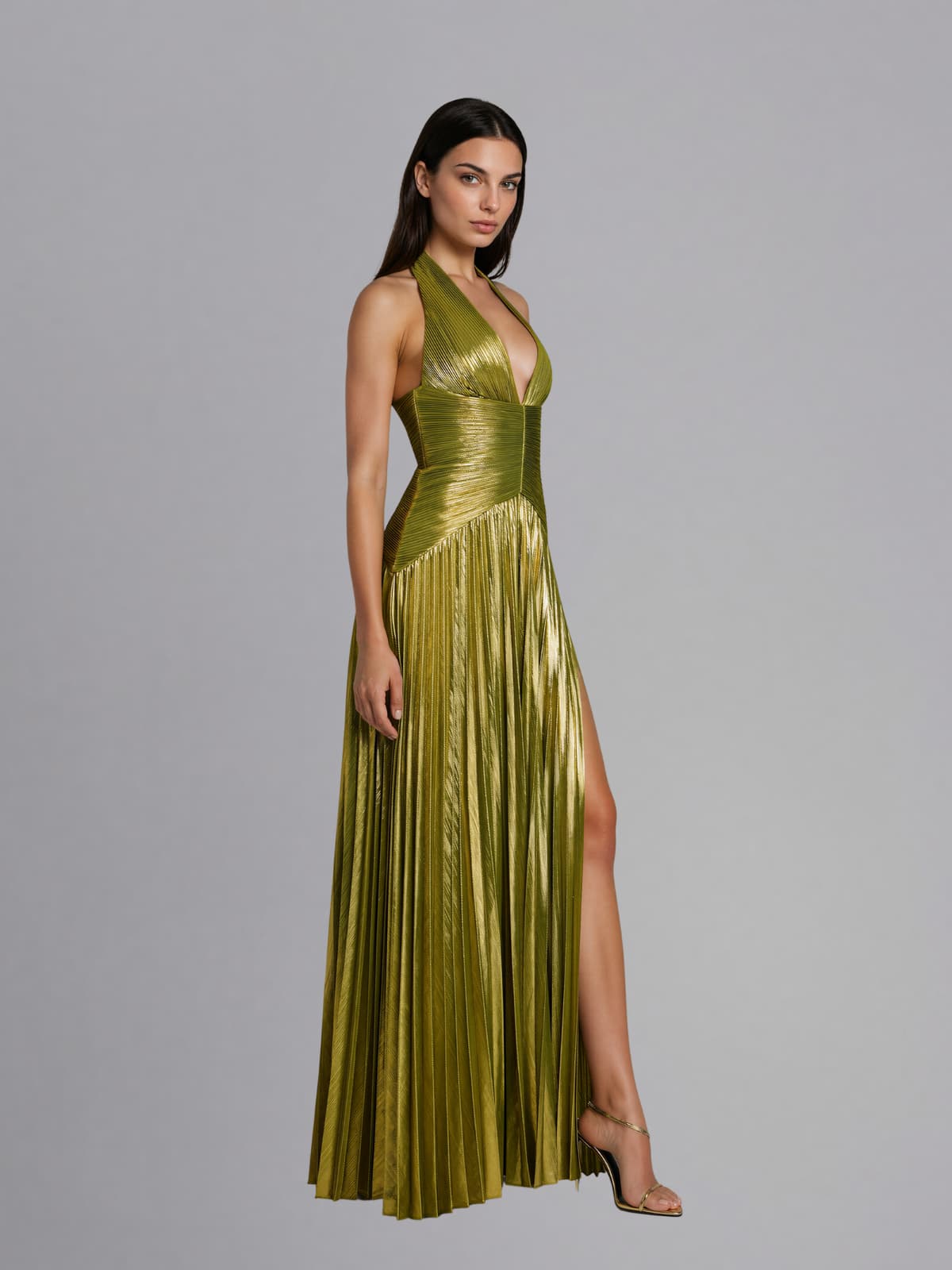 Elvian Halterneck Pleated Split Maxi Dress