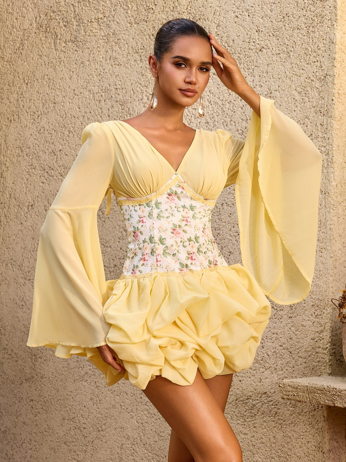 Elyvaris V Neck Floral Bubble Mini Dress