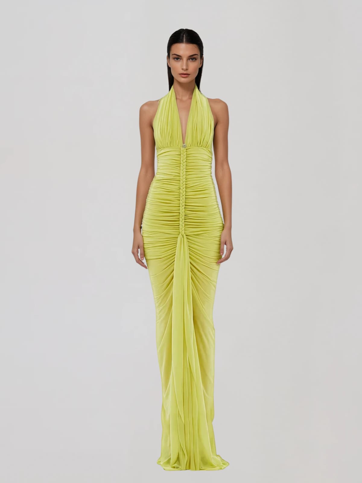 Elyvora Halterneck Ruched Maxi Dress In Chartreuse