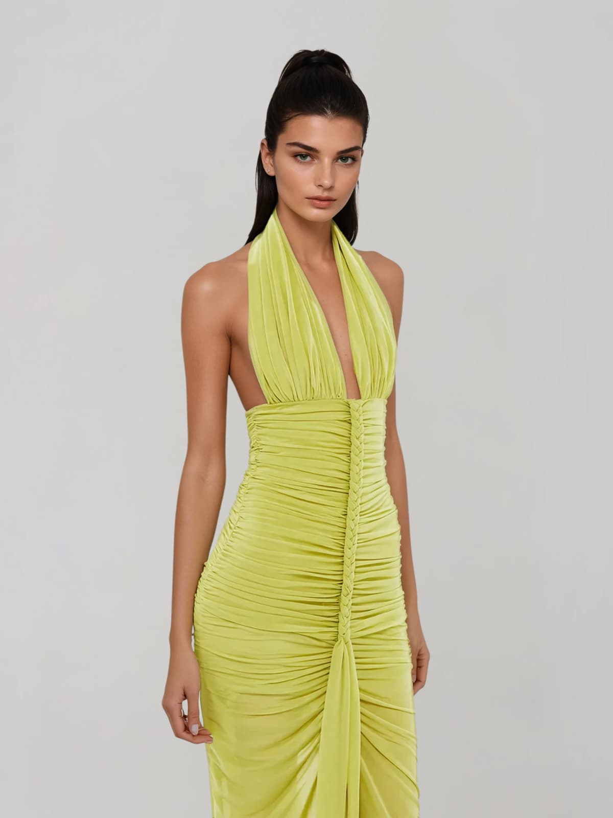 Elyvora Halterneck Ruched Maxi Dress In Chartreuse