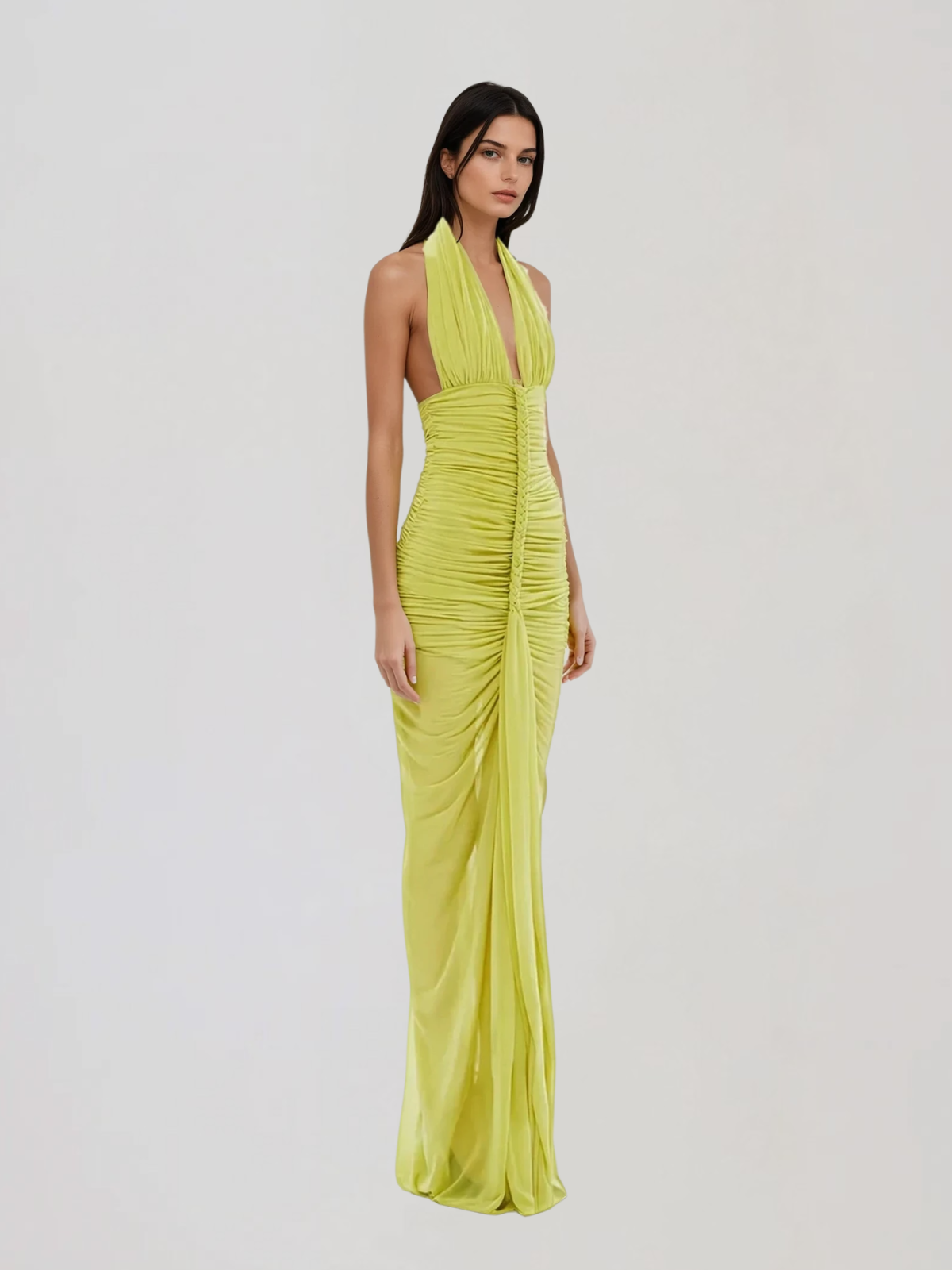 Elyvora Halterneck Ruched Maxi Dress In Chartreuse