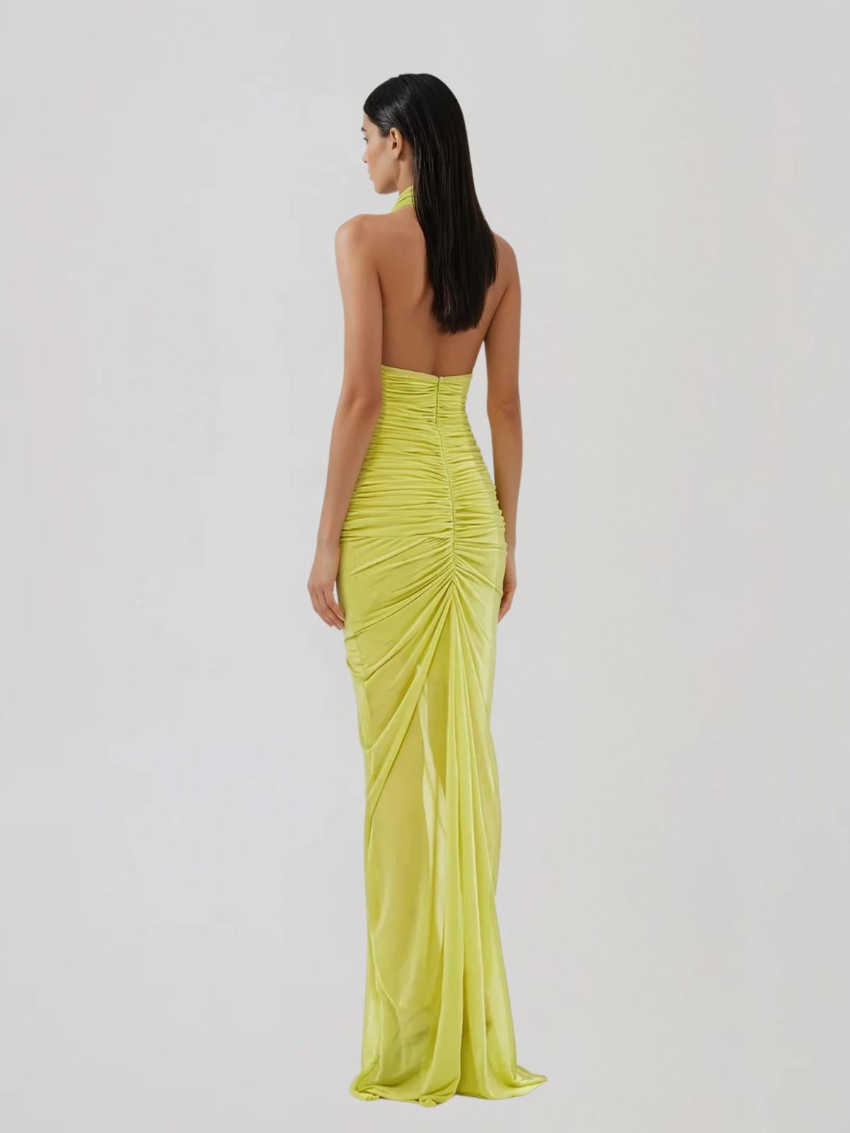 Elyvora Halterneck Ruched Maxi Dress In Chartreuse