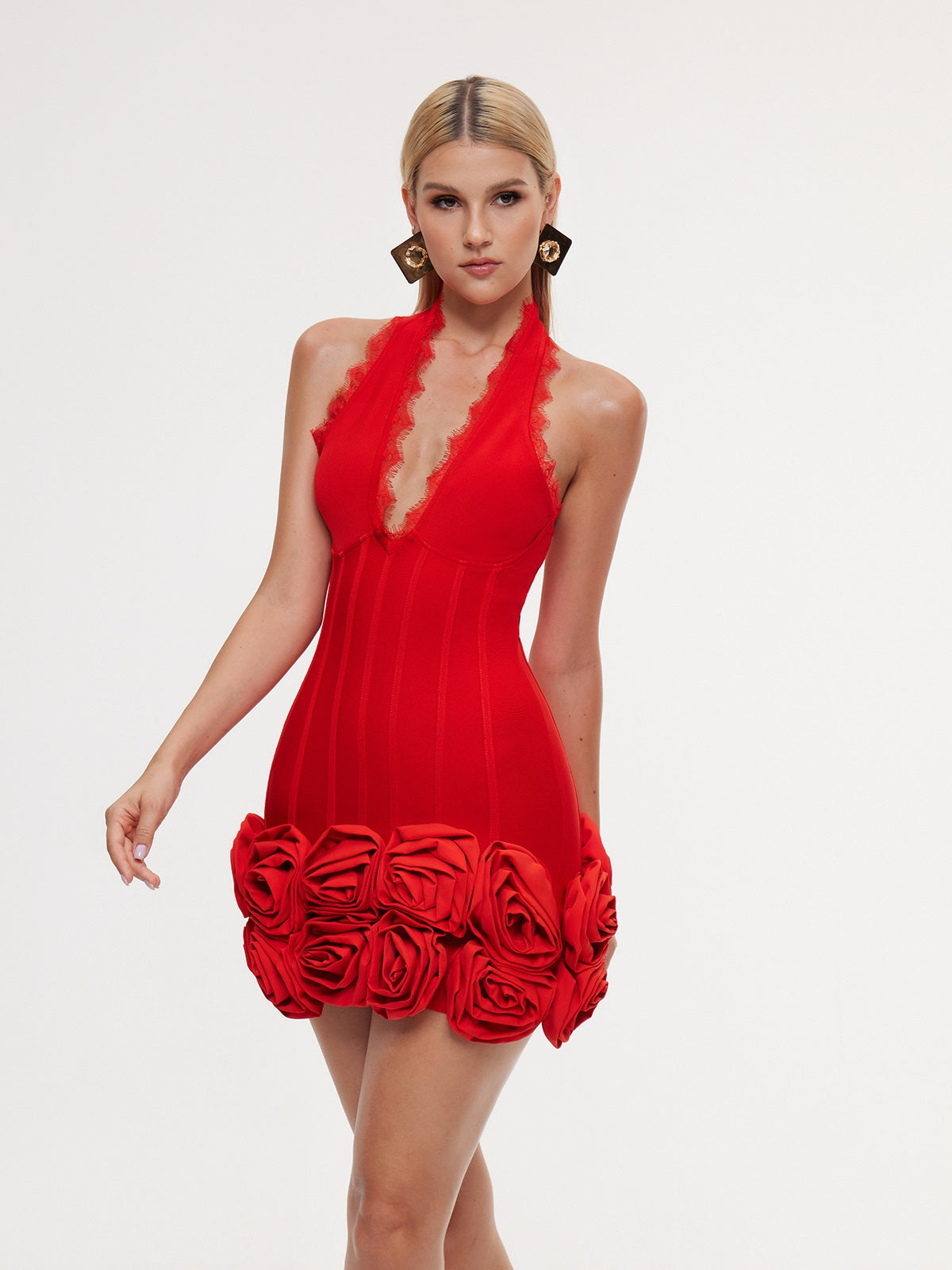 Emanar Halterneck Flower Bandage Mini Dress In Red