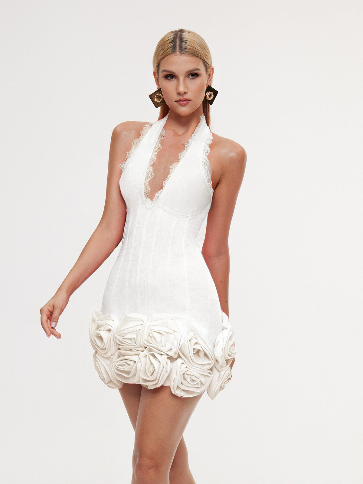 Emanar Halterneck Flower Bandage Mini Dress In White