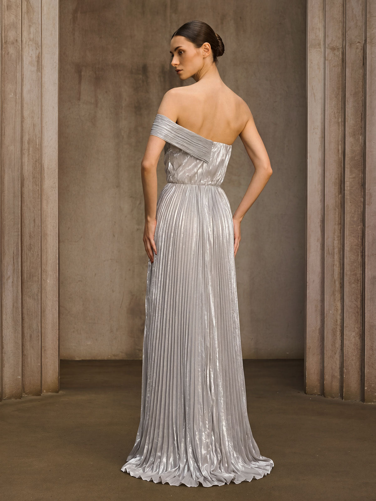 Emele One Shoulder Pleated Metallic Dress