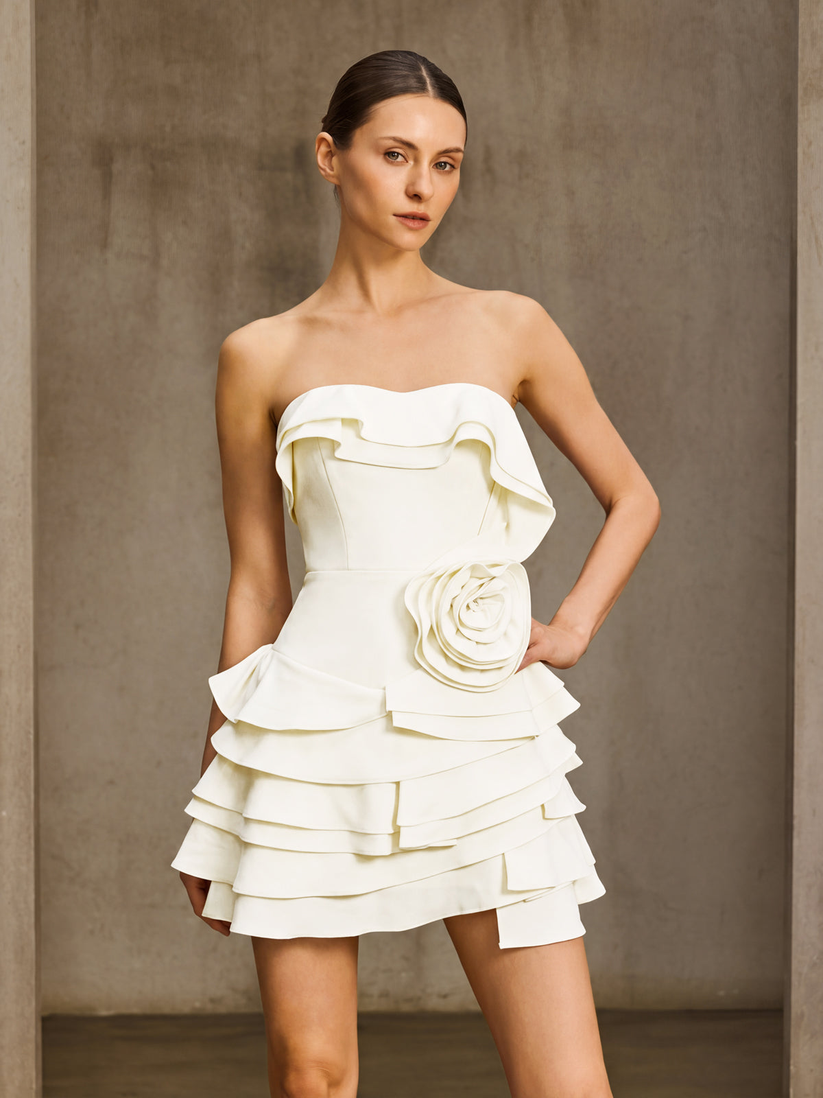 Emerin Strapless Flower Tiered Mini Dress