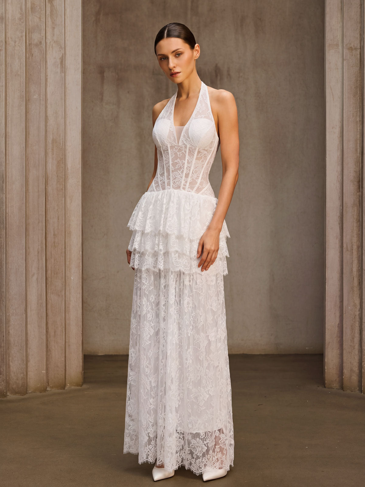 Emiliya Halterneck Lace Tiered Maxi Dress