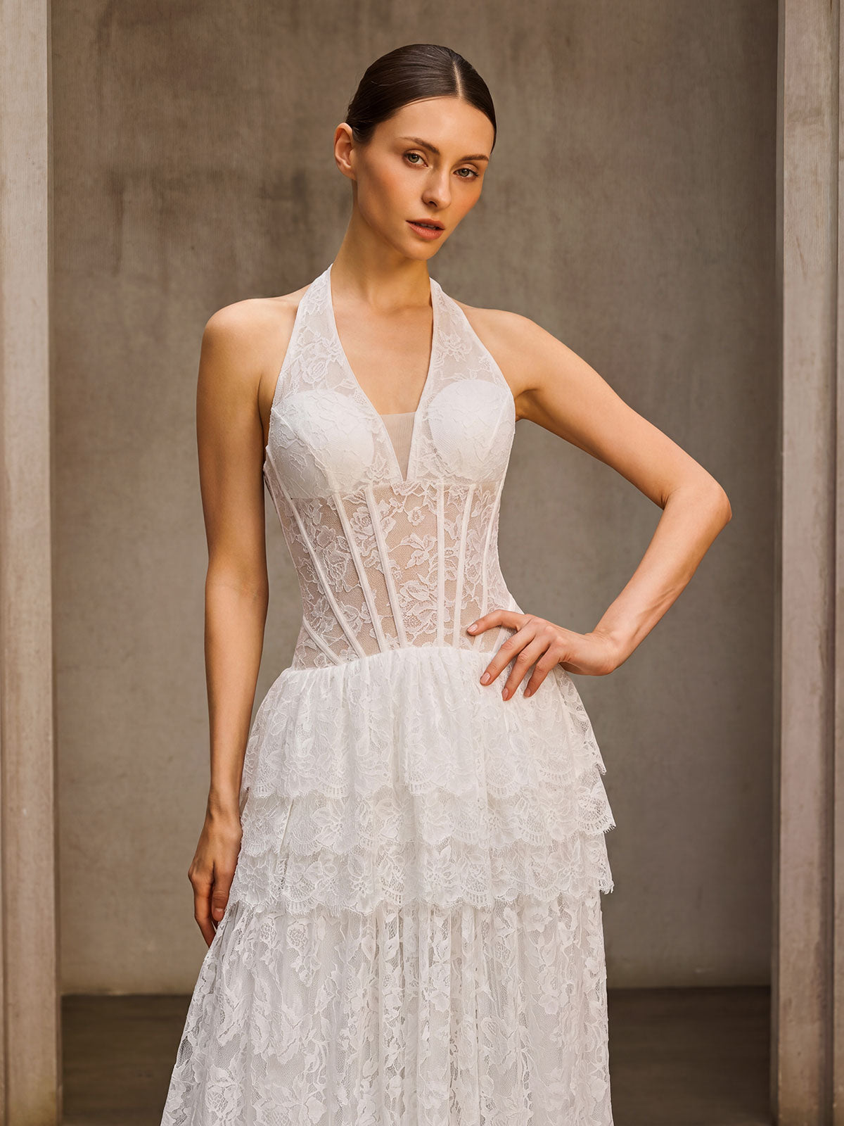 Emiliya Halterneck Lace Tiered Maxi Dress