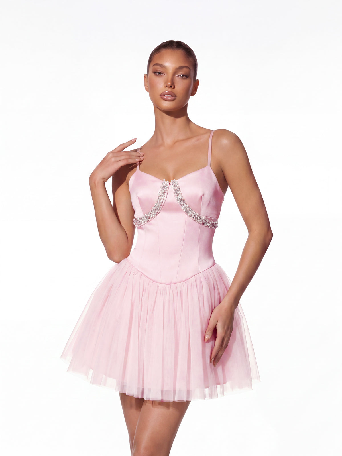 Epifania Spaghetti Pearl Satin Mini Dress