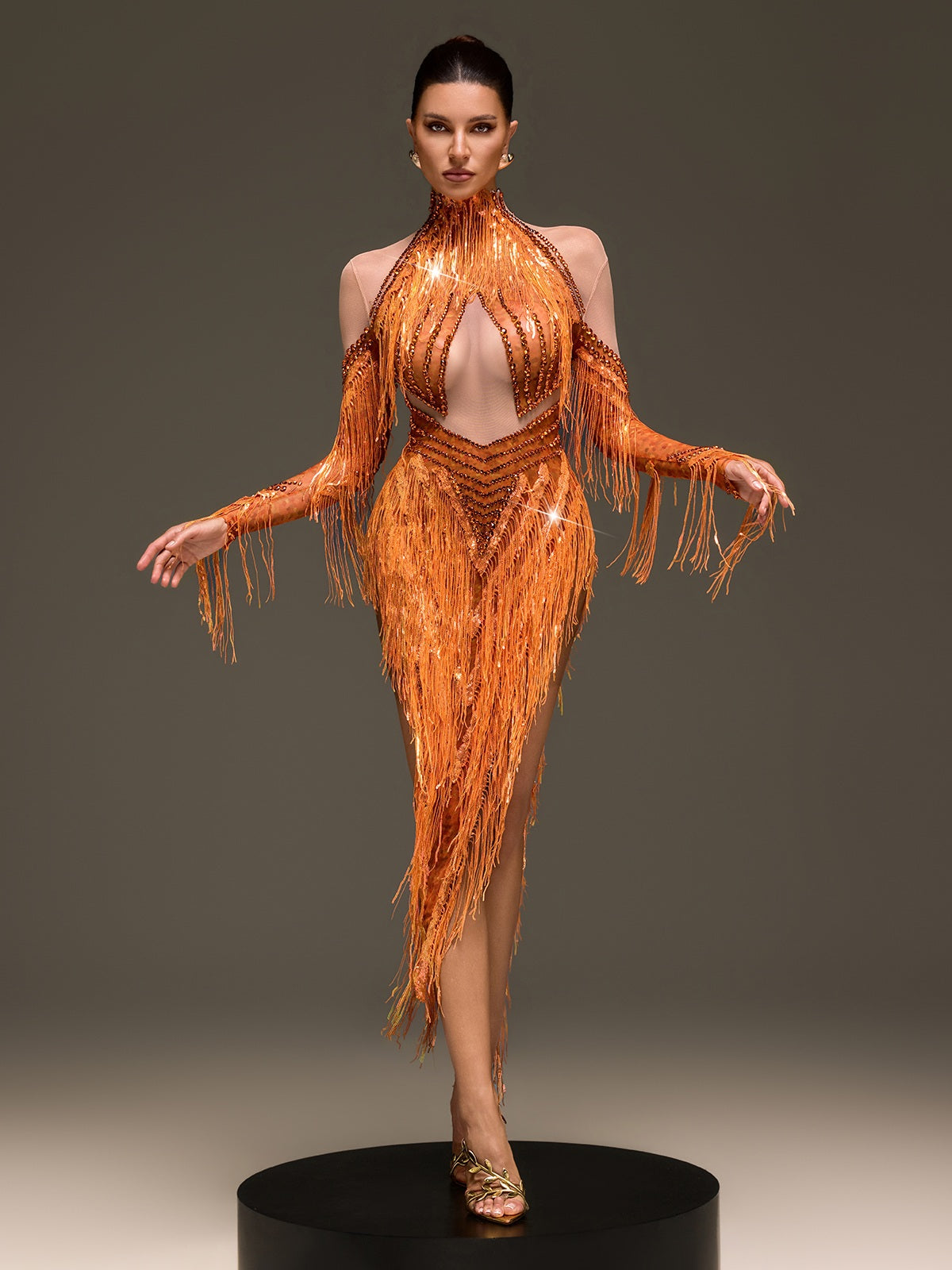Ervanel High Neck Fringe Diamond Bodysuit