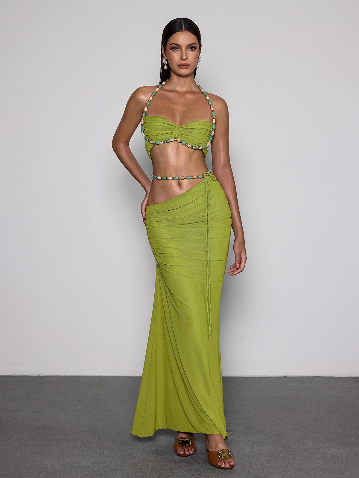 Eryna Halterneck Ruched Skirt Set In Chartreuse