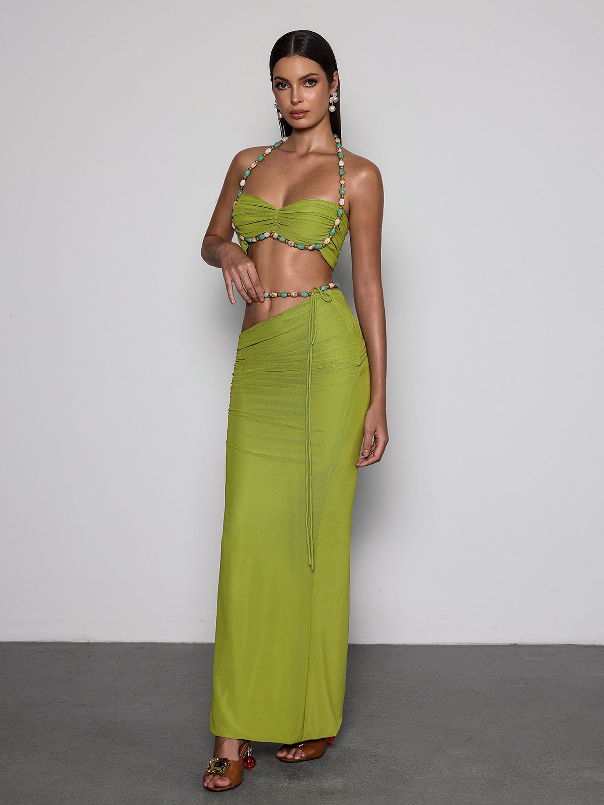 Eryna Halterneck Ruched Skirt Set In Chartreuse