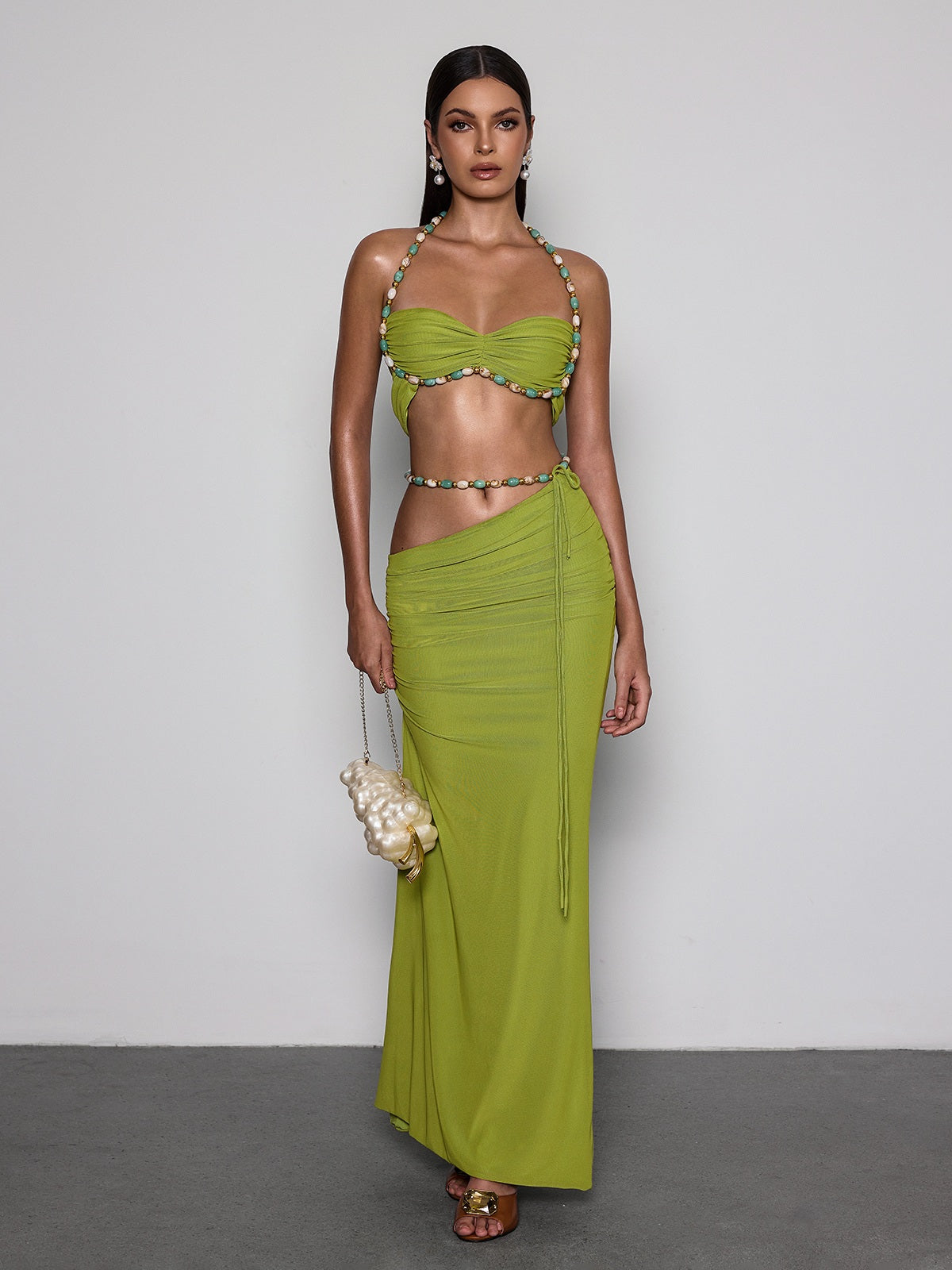 Eryna Halterneck Ruched Skirt Set In Chartreuse