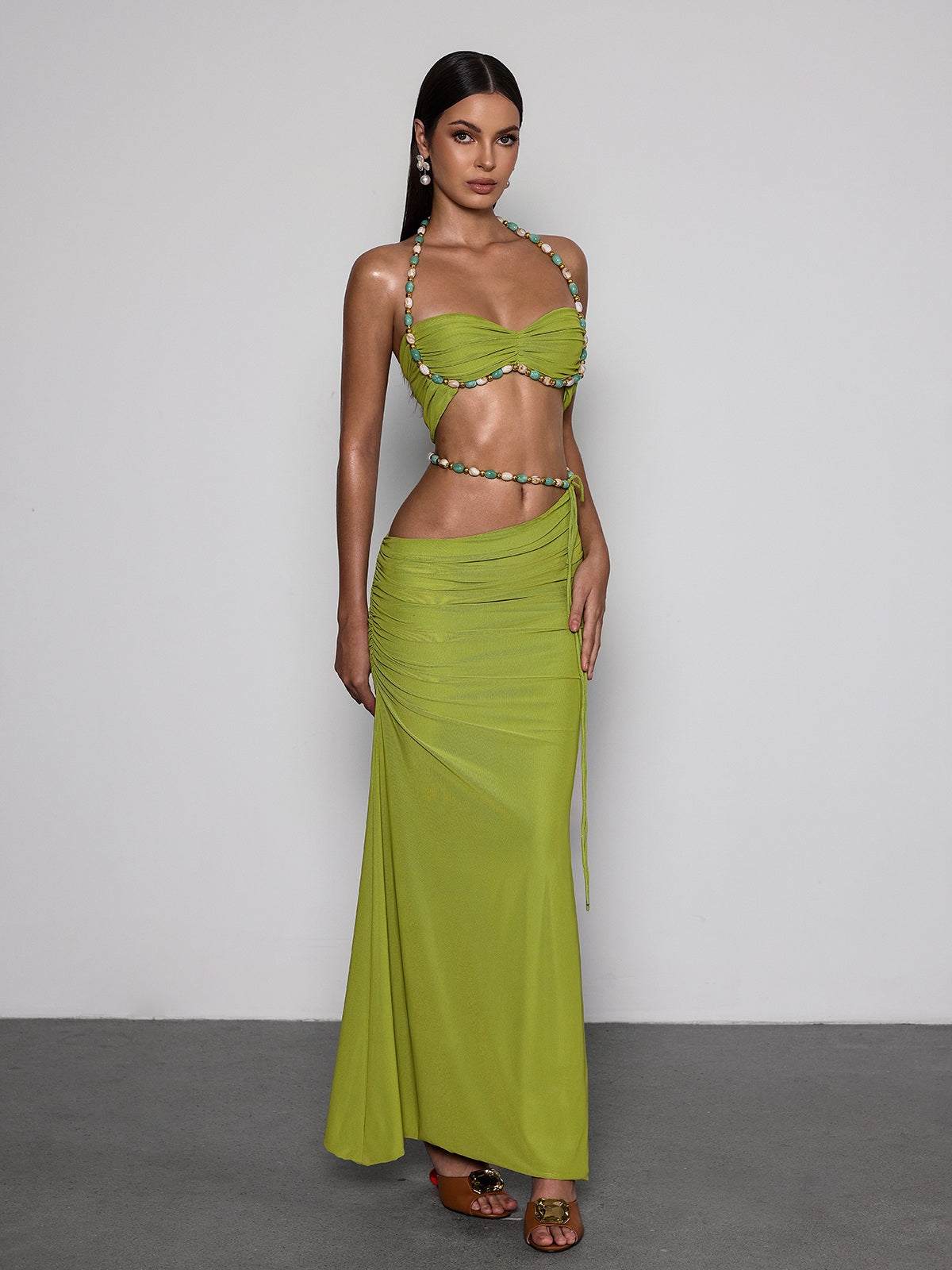 Eryna Halterneck Ruched Skirt Set In Chartreuse