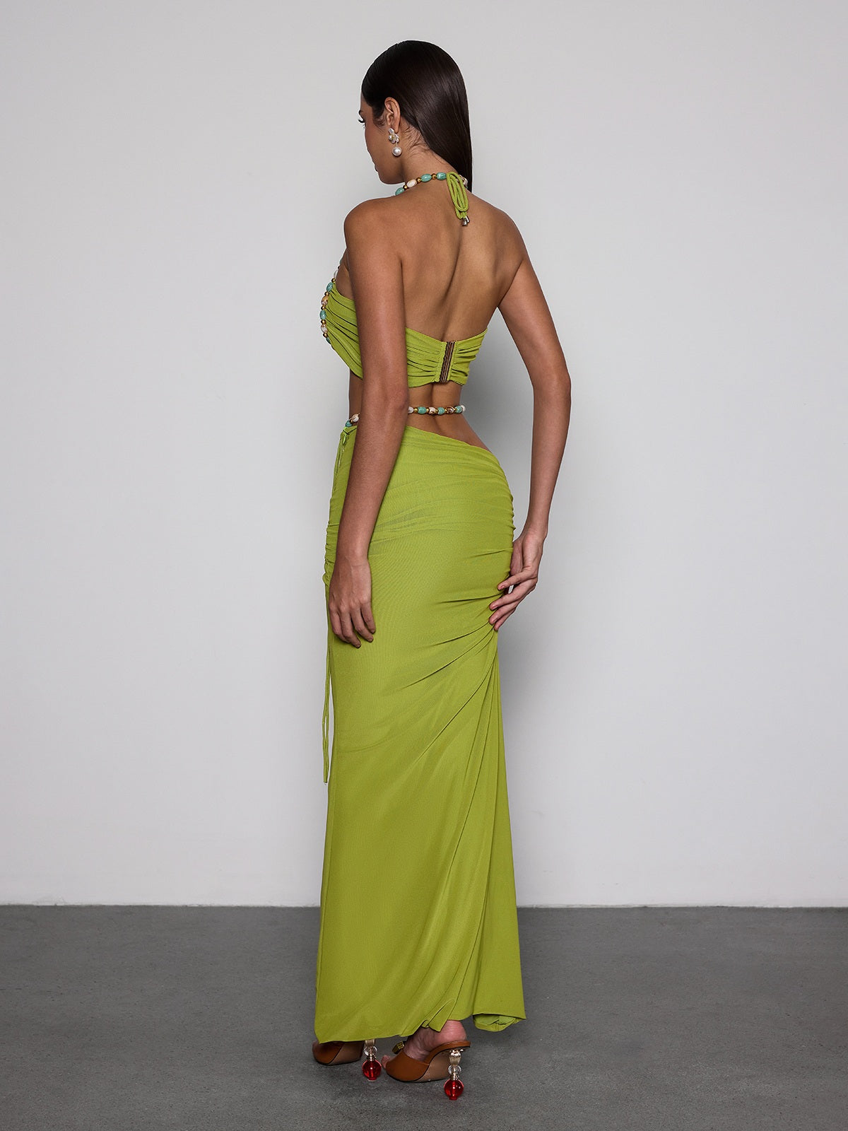Eryna Halterneck Ruched Skirt Set In Chartreuse