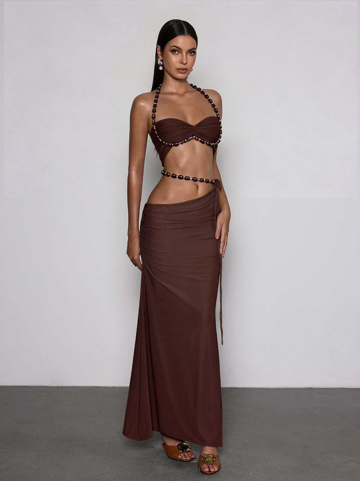 Eryna Halterneck Ruched Skirt Set In Coffee