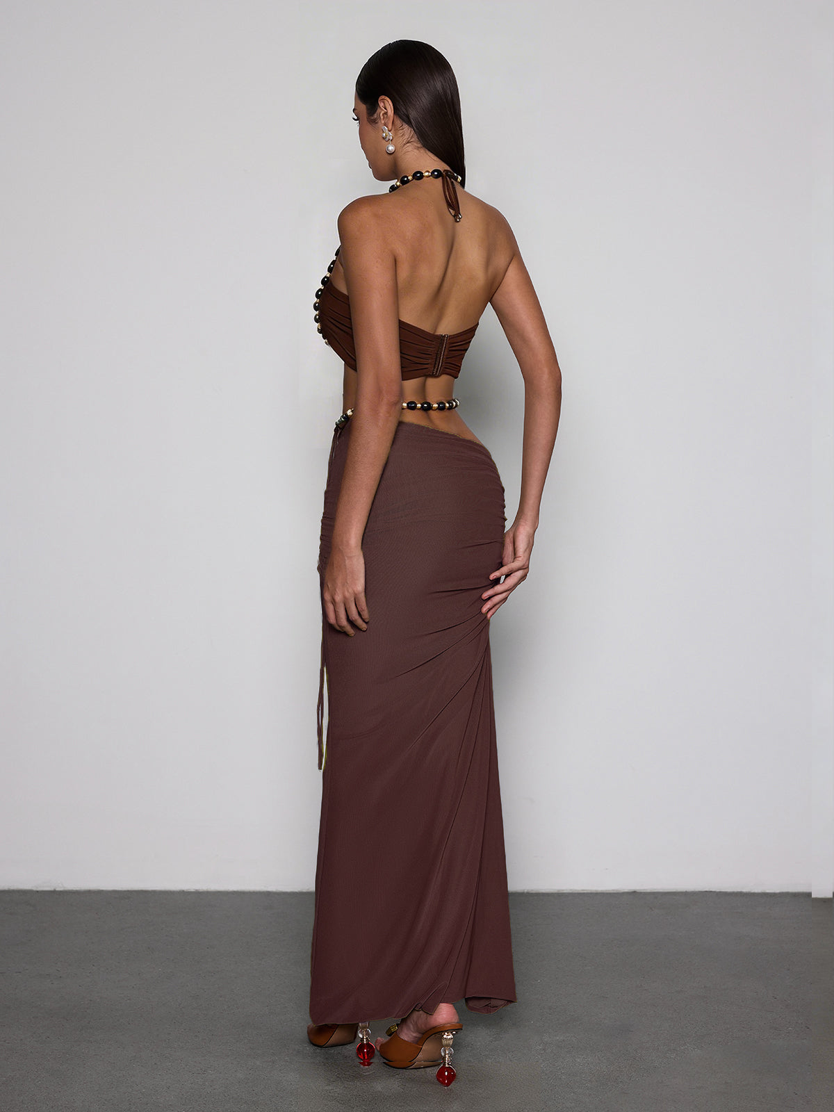 Eryna Halterneck Ruched Skirt Set In Coffee