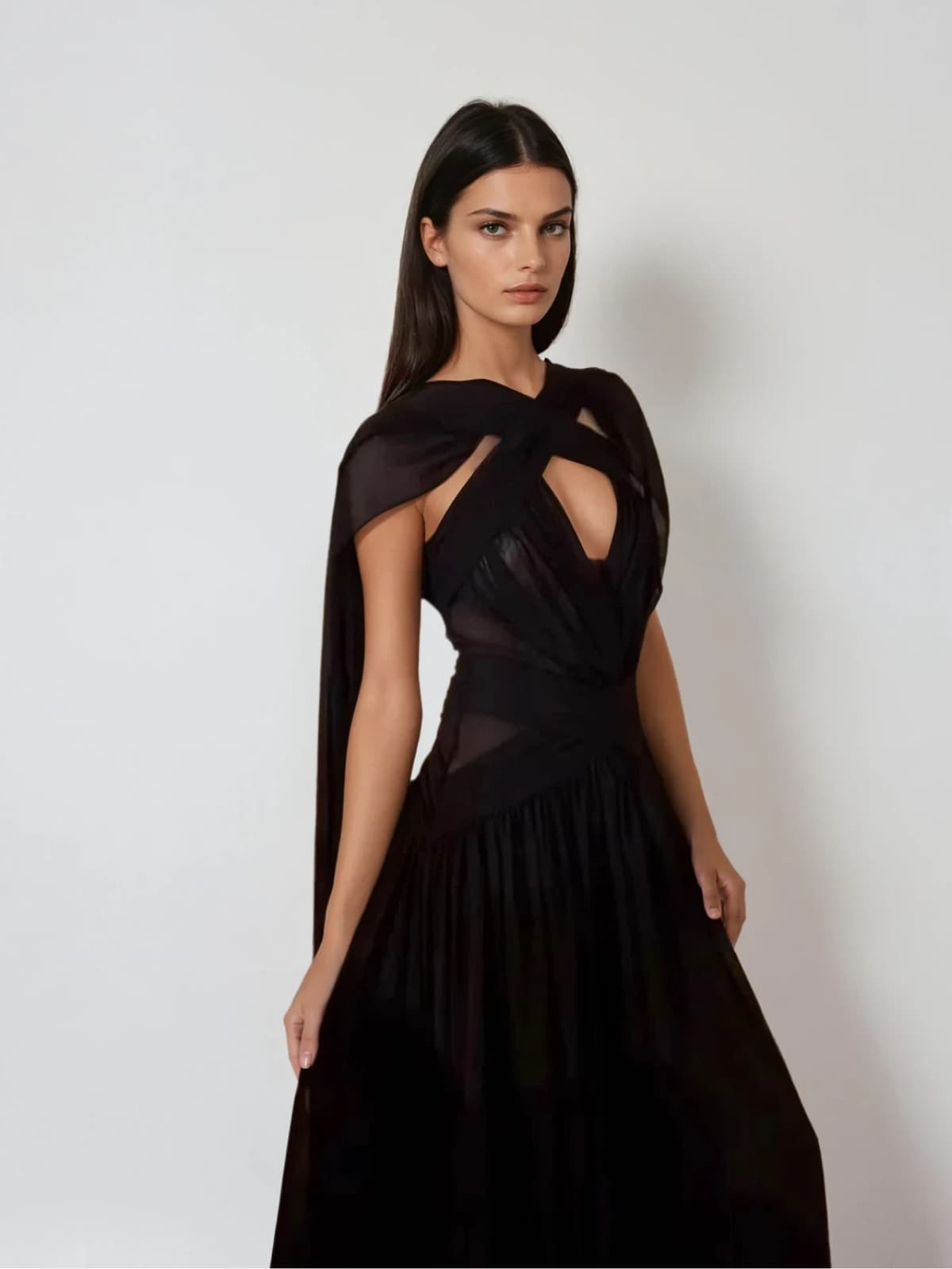 Eryvon Backless Draped Mesh Maxi Dress