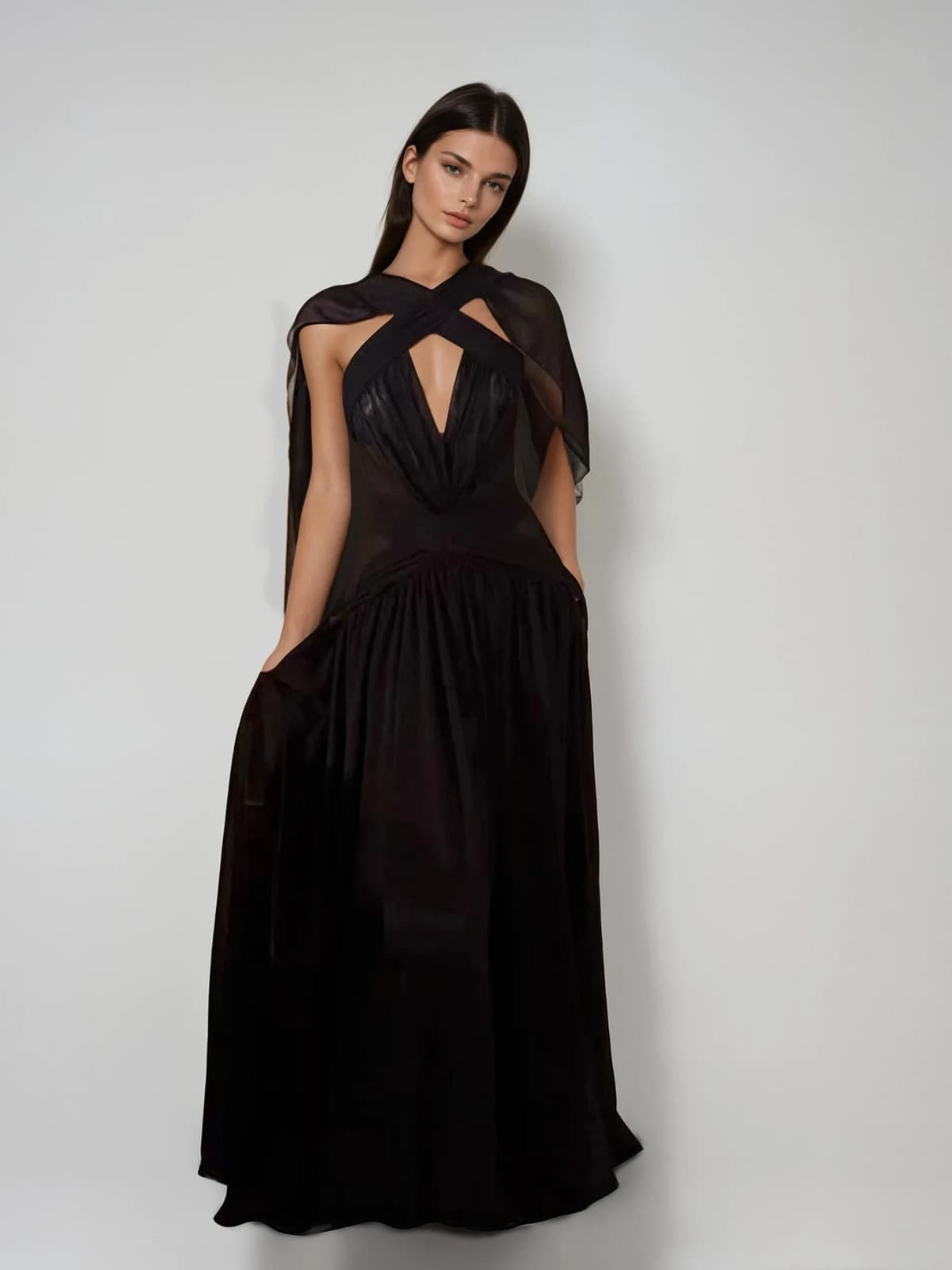 Eryvon Backless Draped Mesh Maxi Dress