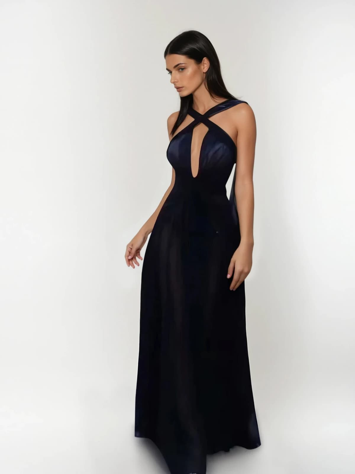 Eryvon Backless Draped Mesh Maxi Dress