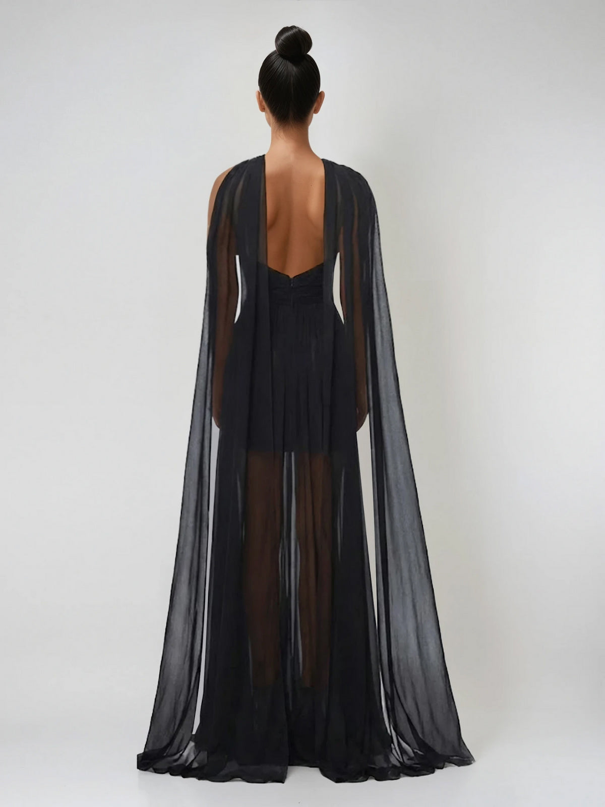 Eryvon Backless Draped Mesh Maxi Dress