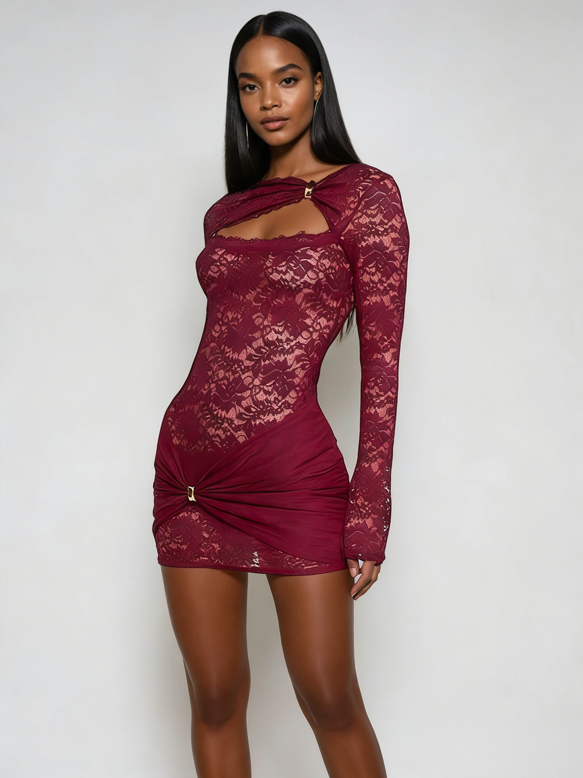 Eustace Long Sleeve Lace Bodysuit Set In Wine