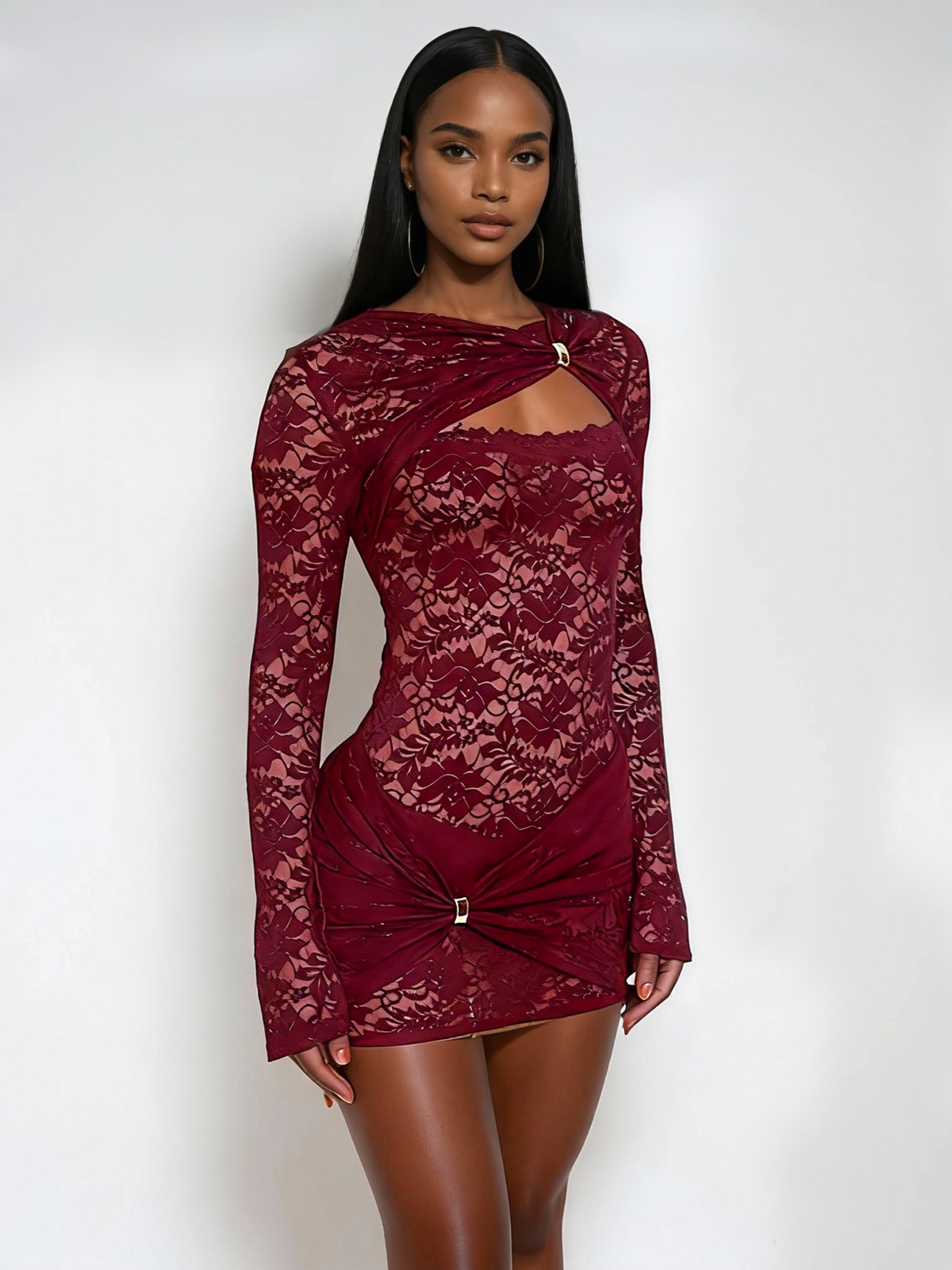 Eustace Long Sleeve Lace Bodysuit Set In Wine