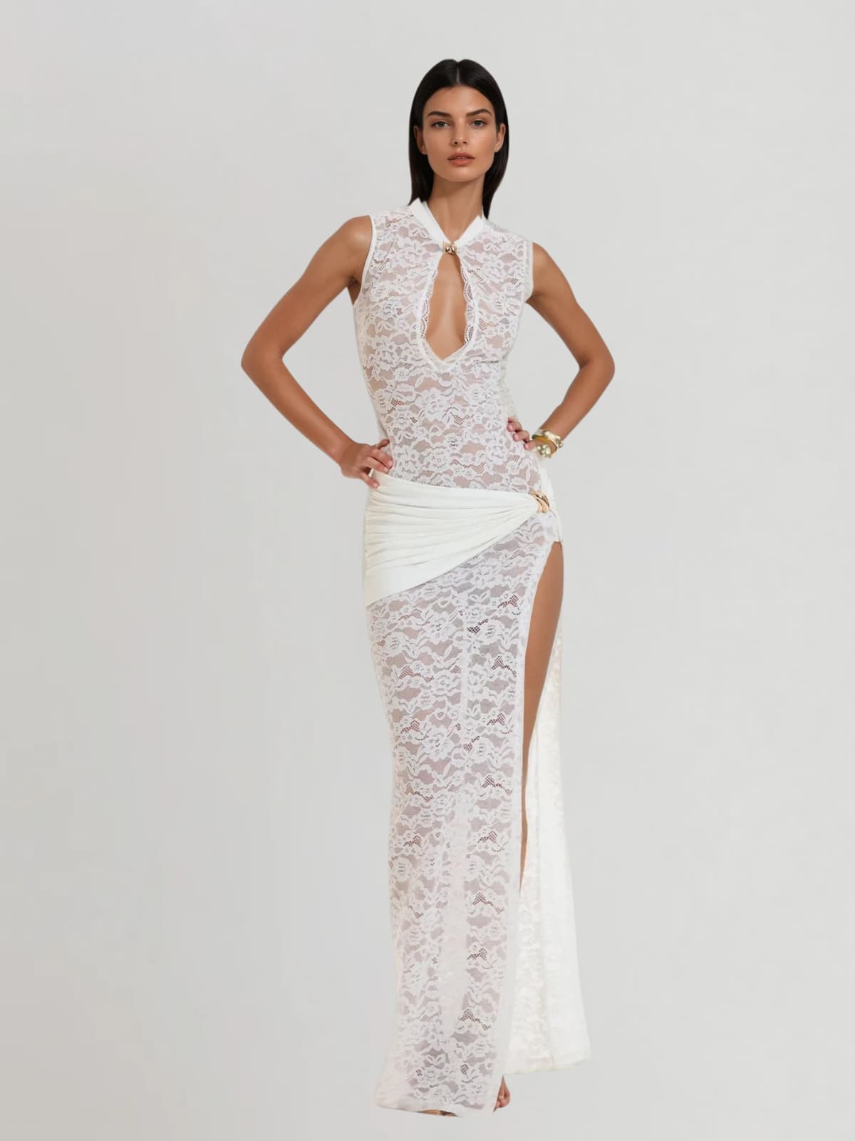 Eustace Sleeveless Lace Maxi Dress In White