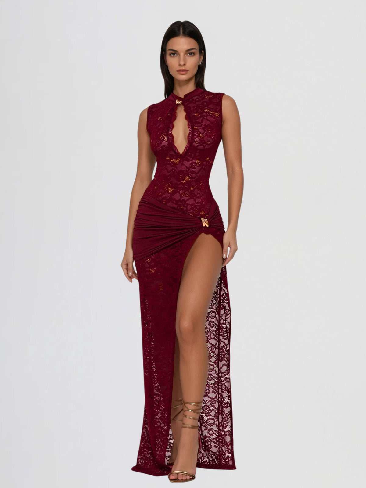 Eustace Sleeveless Lace Maxi Dress In Wine