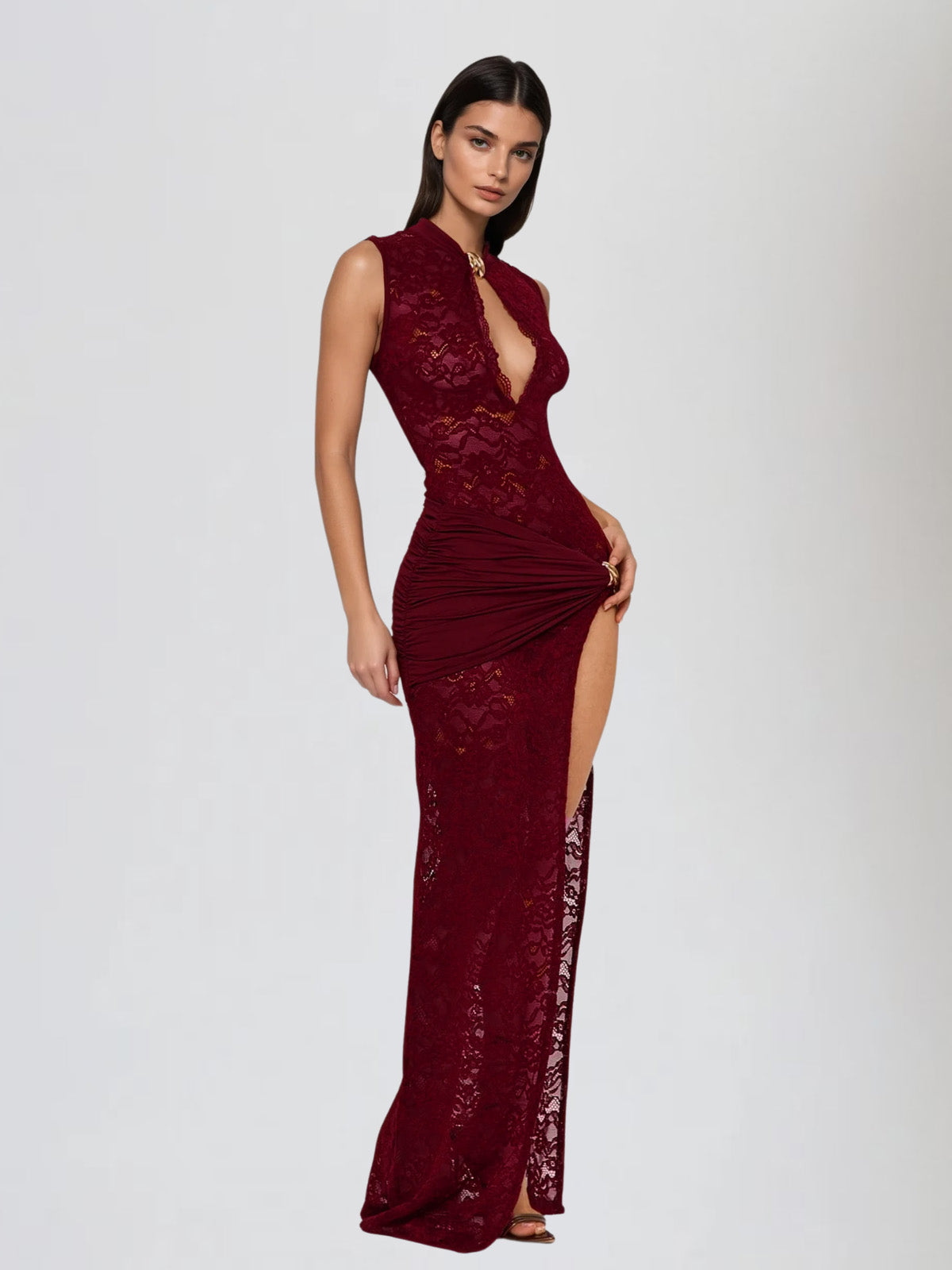 Eustace Sleeveless Lace Maxi Dress In Wine