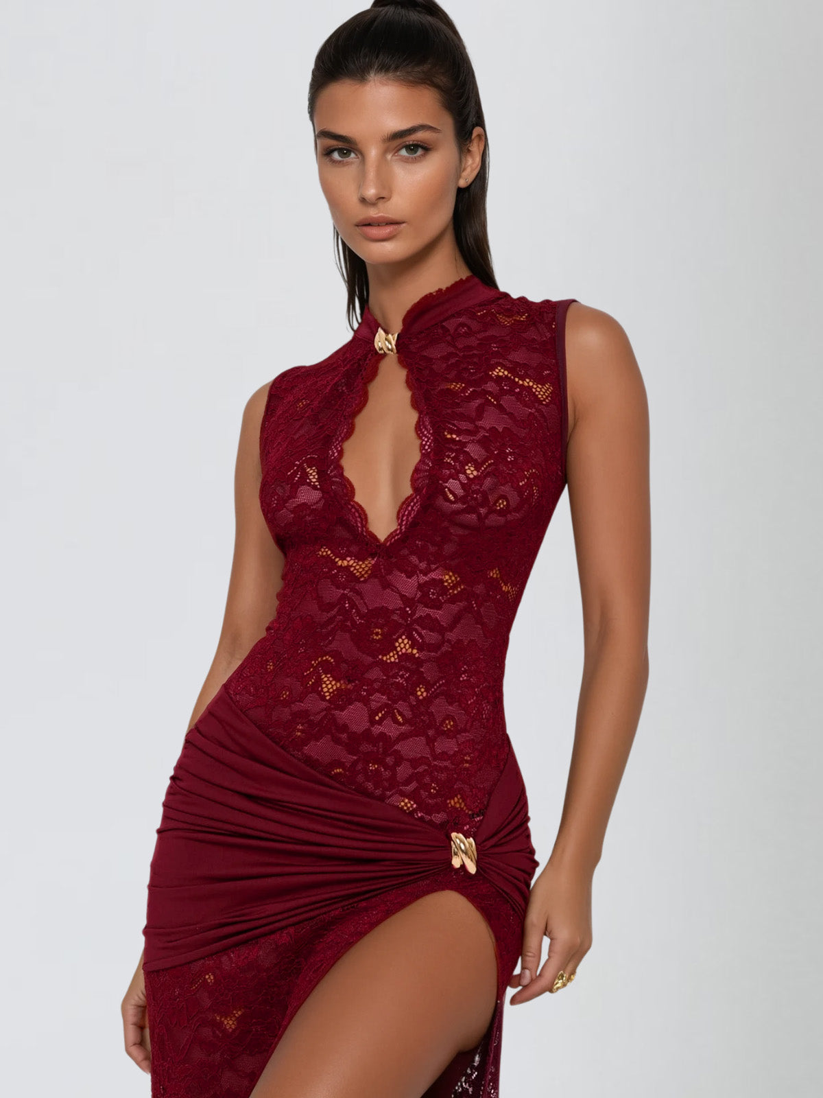 Eustace Sleeveless Lace Maxi Dress In Wine