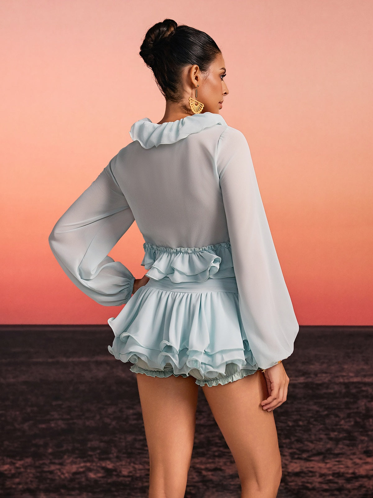 Evarn Long Sleeve Ruffle Skirt Set
