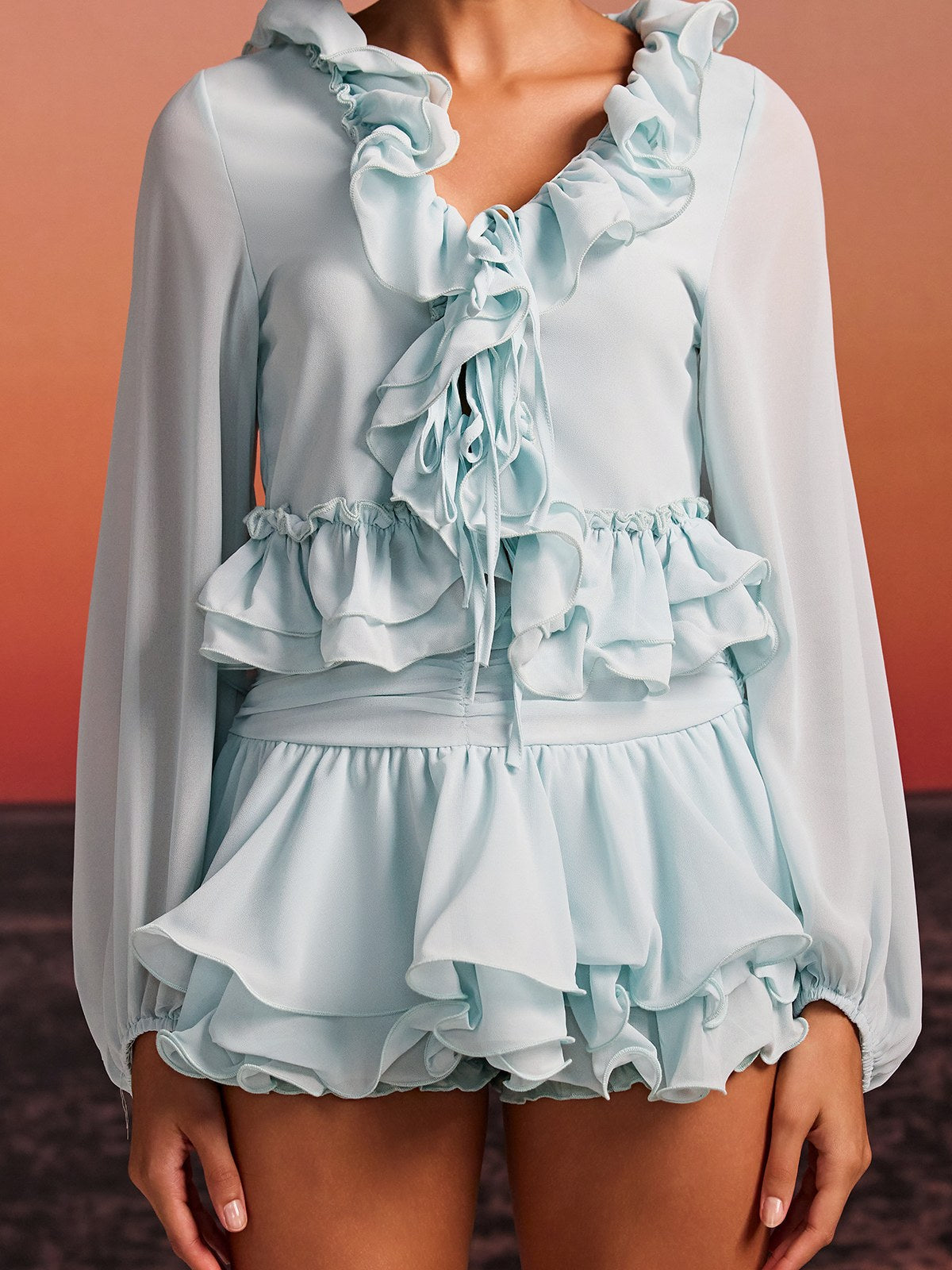 Evarn Long Sleeve Ruffle Skirt Set